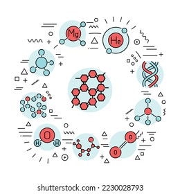Cartel web de moléculas. Infografía con iconos lineales sobre fondo blanco. Concepto creativo.