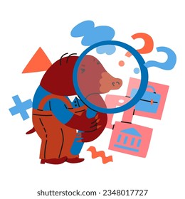 A mole-financier is looking through a magnifying glass for profitable areas for investing money. Search for profitable strategies. Animals in the world of business and finance. Vector illustration.