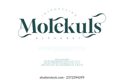 Molekuls premium luxury elegant alphabet letters and numbers. Elegant wedding typography classic serif font decorative vintage retro. Creative vector illustration