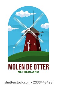 Molen De Otter poster illustration design. Flat cartoon vector building illustration. Vector eps 10