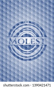 Molest blue emblem with geometric pattern background. Vector Illustration. Detailed.