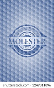 Molester blue badge with geometric background.