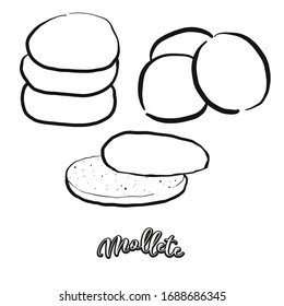 Esbozo de comida con mollete separado en blanco. Dibujo vectorial de Flatbread, Blanco, generalmente conocido en Andalucía, España. Serie de ilustraciones alimentarias.