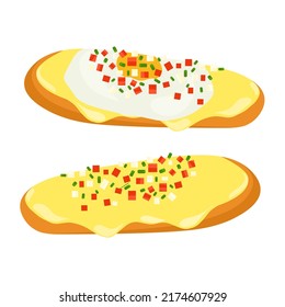 Mollette's Mexican Food. Bollilo with raw tomatoes, onions, jalapeo peppers and melted cheese. Two variants with fried egg on top. Vector illustration.