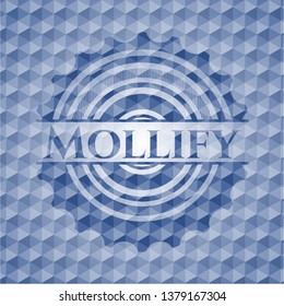 Mollify blue badge with geometric pattern.