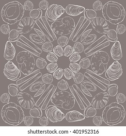 Molluscs geometric pattern. Shades of green linear graphic. perfect for textile printing, wrapping paper, decoration. Easy to scale and transform.