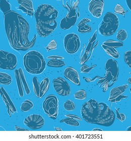Molluscs set vector illustration. Seamless pattern. Blue and white linear graphic. Easy to scale. Perfect for restaurant business, decorating, textile printing, wrapping paper etc.