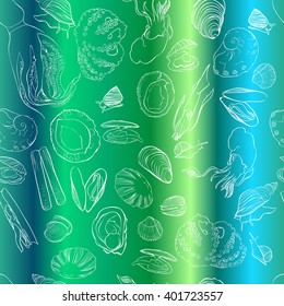 Molluscs set vector illustration. Seamless pattern. Shades of green linear graphic, linear gradient. Easy to scale. Perfect for restaurant business, decorating, textile printing, wrapping paper etc.