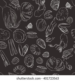 Molluscs set vector illustration. Seamless pattern. Anthracite and white linear graphic. Easy to scale. Perfect for restaurant business, decorating, textile printing etc.