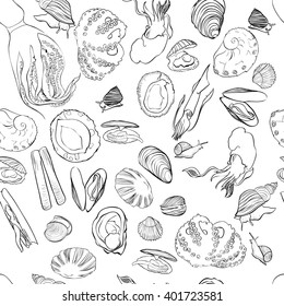 Molluscs set vector illustration. Seamless pattern. Monochrome linear graphic. Easy to scale. Perfect for restaurant business, decorating, textile printing, wrapping paper etc.