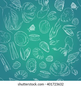 Molluscs set vector illustration. Seamless pattern. Green and white linear graphic, radial gradient. Easy to scale. Perfect for restaurant business, decorating, textile printing, wrapping paper etc.