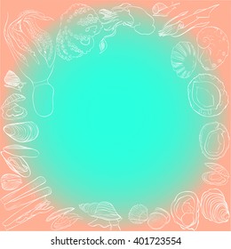 Molluscs set vector illustration. Square frame. Pink and green linear graphic, radial gradient. Easy to scale. Perfect for restaurant business, textile printing, wrapping paper, invitations etc.