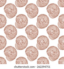 Molluscs shell. Watercolor seamless pattern with clam on the white background, aquarelle. Vector illustration. Hand-drawn stylish original background. Real watercolor painting.