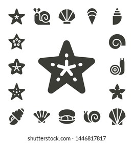 mollusk icon set. 17 filled mollusk icons.  Collection Of - Starfish, Shell, Snail, Seashell, Mussel, Clam