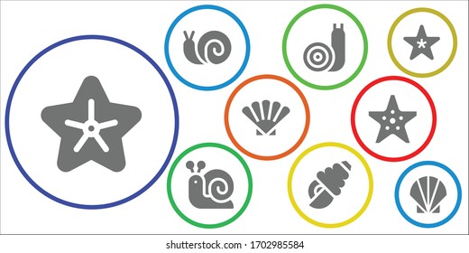 mollusk icon set. 9 filled mollusk icons. Included Starfish, Snail, Seashell, Shell icons