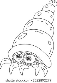 a mollusk with legs and eyes looking out of the darkness in a conical shell, hand drawn with black brush on white background