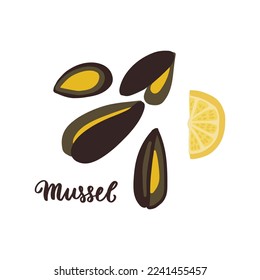 Mollusk, mussels cute vector illustration with lemon citrus. seafood asian latinamerican dinner.