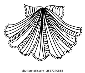 Mollusk shell sketch black and white. Line drawing of the underwater world of the ocean. Vector illustration in a flat style.