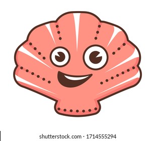 Mollusk with smiling face, character with facial expression. Isolated seashell personage, emoji or sticker. Clam for aquarium, aquatic tropical sea or ocean dweller design. Vector in flat style