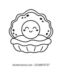 mollusk with smiling face, character with facial expression isolated, seashell in contouring, vector illustration of outline shellfish in flat style