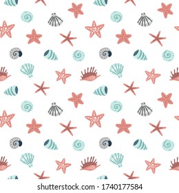 mollusk starfish, seamless pattern, cartoon vector illustration