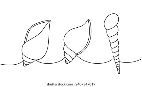 Moluscos. Conchas marinas, moluscos, vieiras, perlas. Ilustración continua de una línea en las conchas submarinas tropicales. Ilustración lineal minimalista del vector.