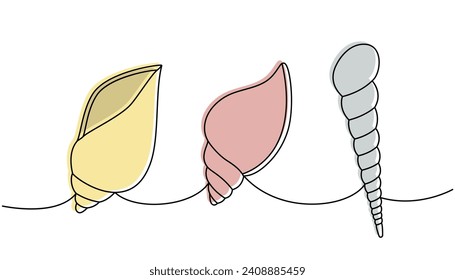 Mollusks. Sea shells, mollusks, scallop, pearls. Tropical underwater shells continuous one line illustration. Vector minimalist linear illustration.