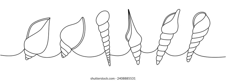 Mollusks set. Sea shells, mollusks, scallop, pearls. Tropical underwater shells continuous one line illustration. Vector minimalist illustration.