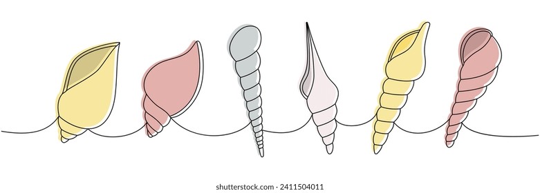 Mollusks set. Sea shells, mollusks, scallop, pearls. Tropical underwater shells continuous one line illustration. Vector minimalist illustration.