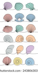 Moluscos listos. Conchas de mar, moluscos, vieiras, perlas. Ilustración continua de una línea de conchas submarinas tropicales. Vector ilustración minimalista.