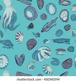 Mollusks set vector illustration. Seamless pattern. Pastel colors graphic, shades of blue and green. Easy to scale. Perfect for restaurant business, decorating, textile printing, wrapping paper etc.