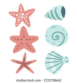 mollusks and starfish, underwater world set of elements, sea ocean, vector illustration