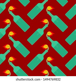 Molotov cocktail pattern seamless. Bottle with flammable liquid background. vector texture