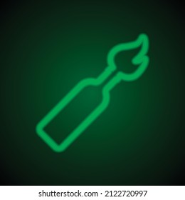 Molotov cocktail simple icon. Flat desing. Green neon on black background with green light.ai