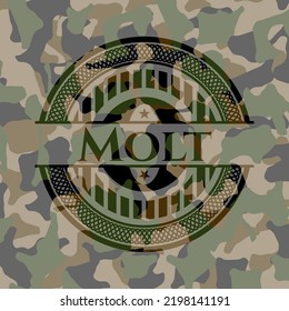 Molt escrito en una textura de camo. Ilustración vectorial. Detallado. 