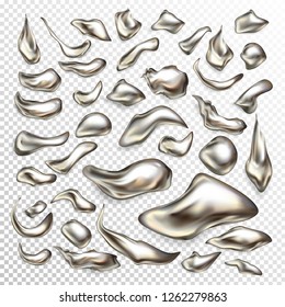 Molted precious metal drops, liquid silver blots, mercury swirls 3d realistic vector set isolated on transparent background. Metallic fluid splatters, abstract form drips design elements collection