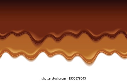 Molten chocolate and caramel drips - vector background. Sweet texture. Soft icing. Seamless horizontal border.