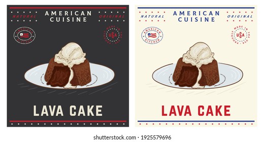 Molten Chocolate lava cake with ice cream vintage retro illustration