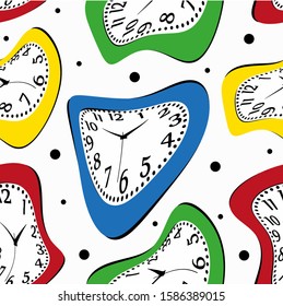 Molten colored watches. Abstract background with dots. Seamless pattern