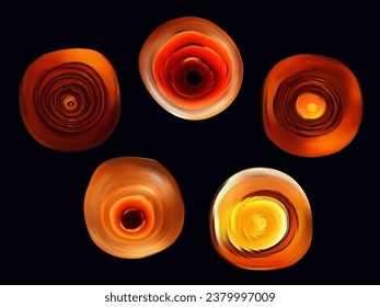 Molten glass. Fiery, liquid plasma, lava, orange substance. Gemstone, liquid shape in space. Magic light energy, power, wave texture. Hot glass form, fused iron. Vector illustration 3d.