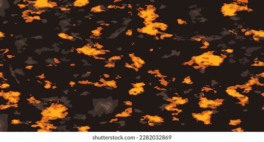 Patrón de lava fundida. Flujo de magma caliente, rojo sobre roca negra. Volcán lava, quema de fuego. Catástrofe del seismo, terremotos, antecedentes de erupción volcánica.  Ilustración del vector