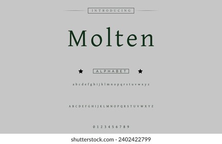 Molten Lettering Minimalist Fashion. Elegant alphabet letters serif font and number. Typography fonts regular uppercase, lowercase.