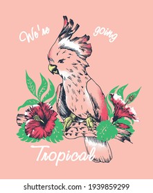 Moluccan cockatoo parrot bird with hibiscus flowers. Hand drawn pen illustration. Print for t shirt.