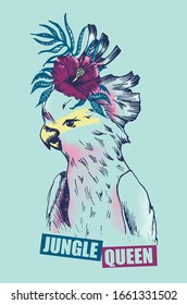 Moluccan cockatoo parrot with flower Jungle queen print for t shirt vector illustration