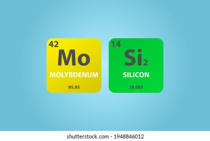 Molybdenum Disilicide MoSi2 molecule. Simple molecular formula consisting of Molybdenum, Silicon,  elements. Chemical compound simplified structure on blue background, for chemistry education
