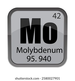 Molybdenum element icon. Symbol Mo 42. Mass 95.940 property. Periodic table block.