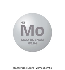 Molybdenum element, represented by the symbol Mo, atomic number 42, and its atomic weight of 95.94. Isolated on transparent background.