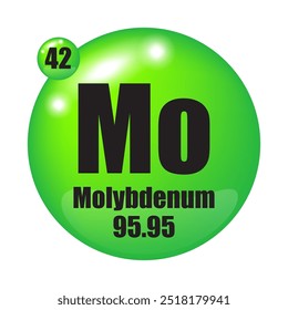Molybdenum icon. Mo chemical element. Atomic number 42. Mass 95.95. Green sphere image. Vector symbol.