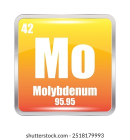 Molybdenum icon. Mo chemical element. Atomic number 42. Mass 95.95. Yellow square image. Vector symbol.