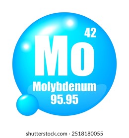 Molybdenum icon. Mo chemical element. Atomic number 42. Mass 95.95. Blue sphere image. Vector symbol.